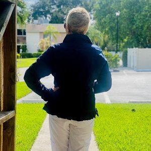 NWT Organic Woven Cotton Embroidered Ruffle Navy  Blouse